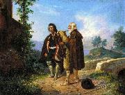 Two peasants, one with the bagpipes by a bridge Ludwig Vogel